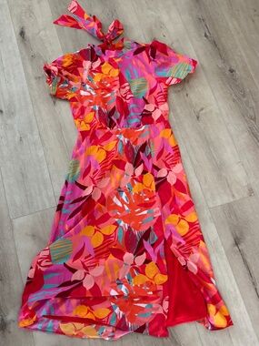 Julia Jordan Short Puffed Sleeved Midi Dress Sz 6 Tropical Modest Pink